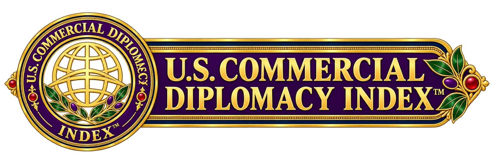 U.S. Commercial Diplomacy Index™ — royal purple, navy and gold, with green branches and ruby-red accents.