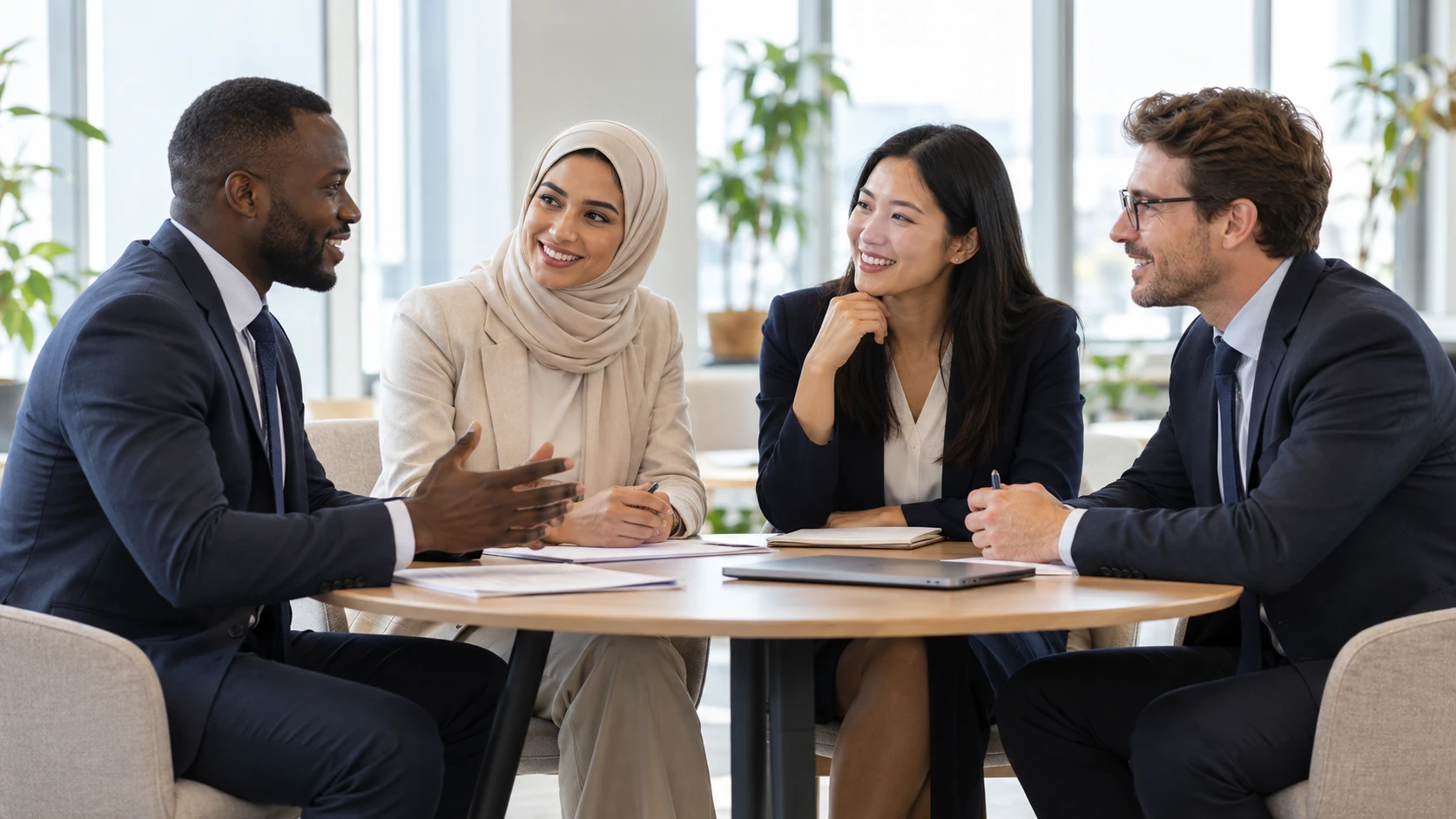 People from different backgrounds discussing international business opportunities.