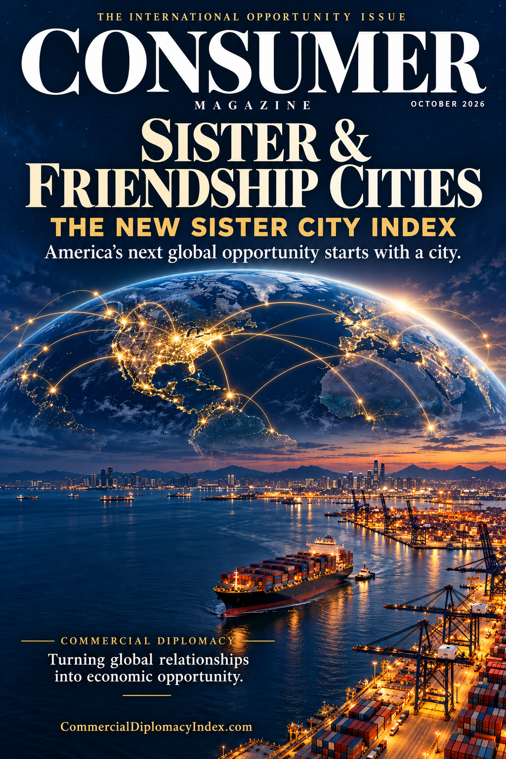 Consumer Magazine, October 2026: Sister & Friendship Cities and The New Sister City Index, with a connected globe and international harbor.