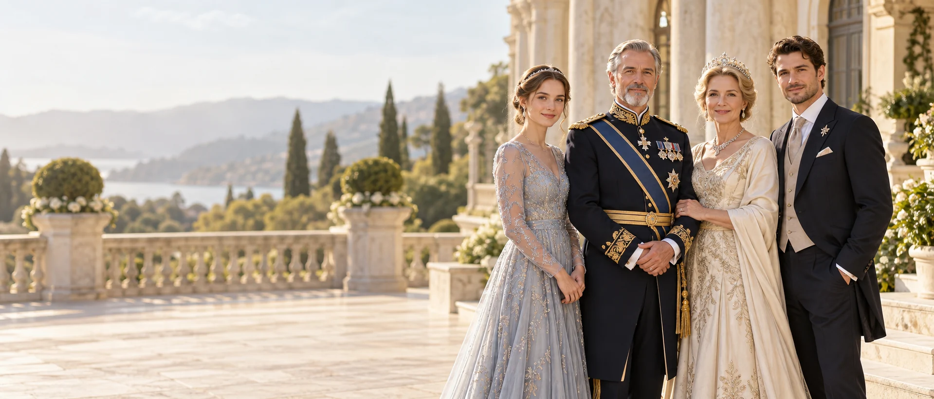 AI-created illustration of a fictional royal family standing together on a palace garden terrace.