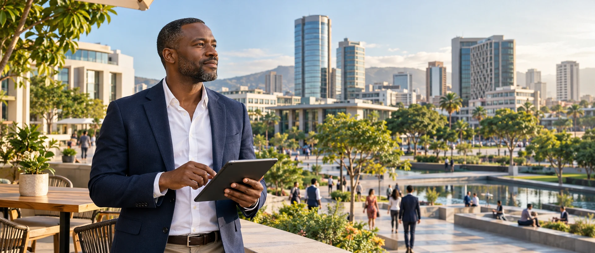 AI-created scene of an African economic development researcher using a tablet beside a modern civic plaza.