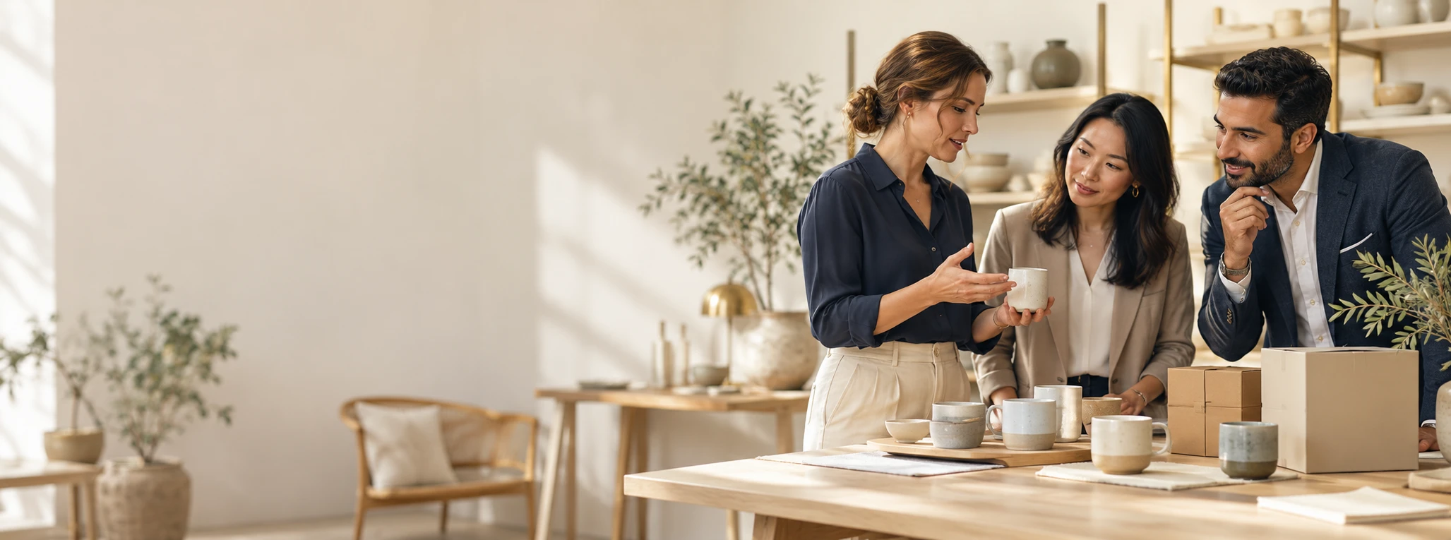 AI-created scene of a business owner showing ceramic products to visiting buyers.