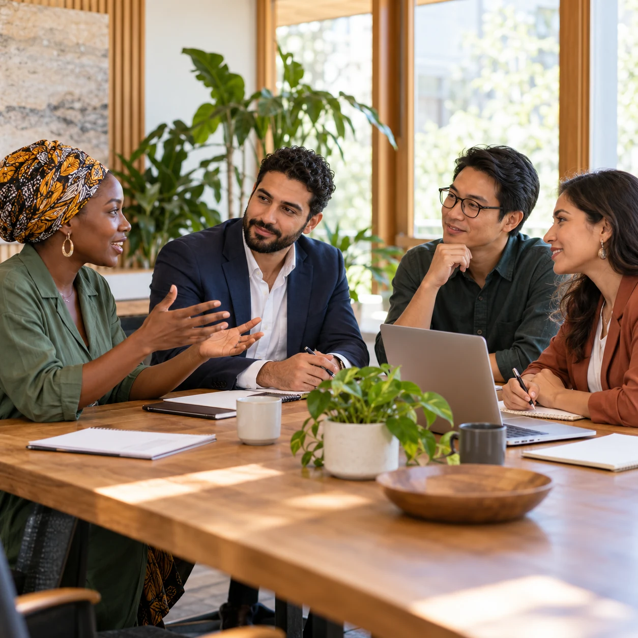 AI-created editorial illustration of four people sharing knowledge around a meeting table. This is not a photograph of Global Ties participants.