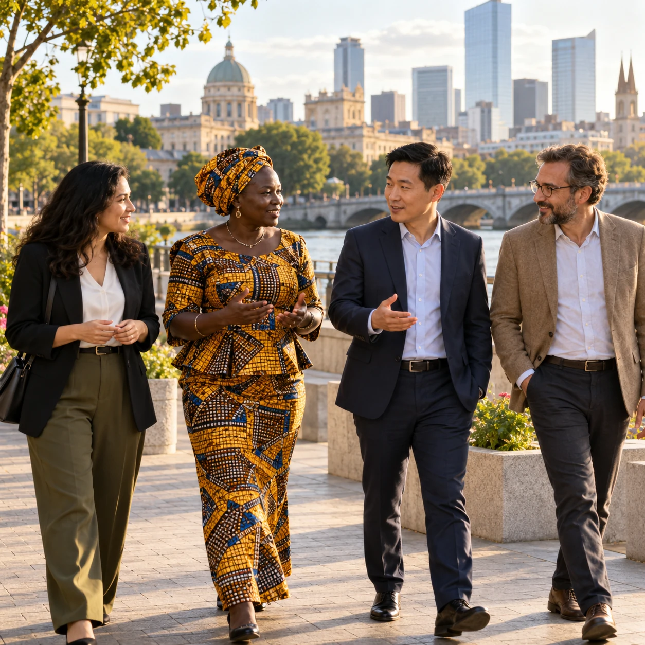 AI-created editorial scene of four civic peers in conversation while walking through a riverside plaza.