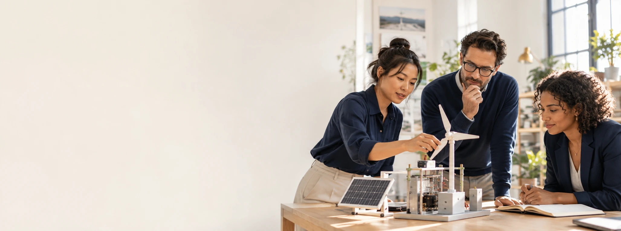 AI-created scene of a founder, researcher and investment professional discussing a prototype in an innovation studio.