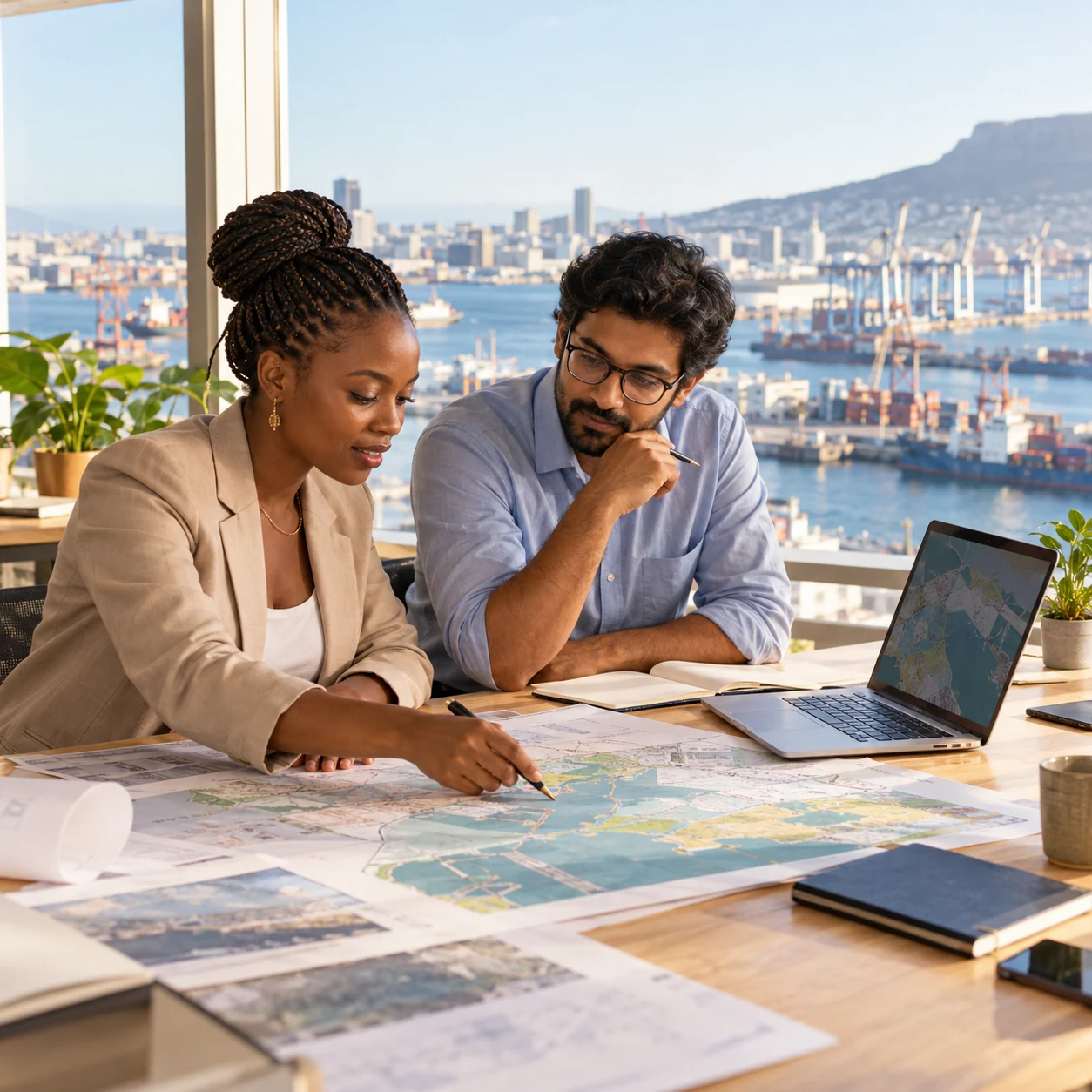 AI-created editorial scene of two researchers studying geographic planning sheets beside an urban harbor.