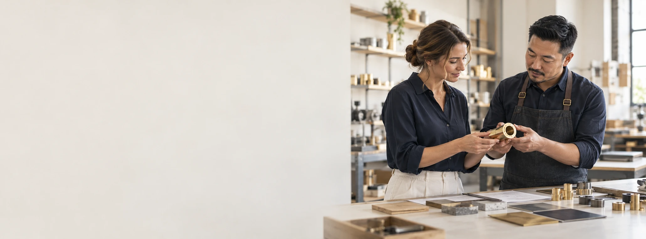 AI-created scene of a buyer and supplier comparing a manufactured part and material samples in a workshop.