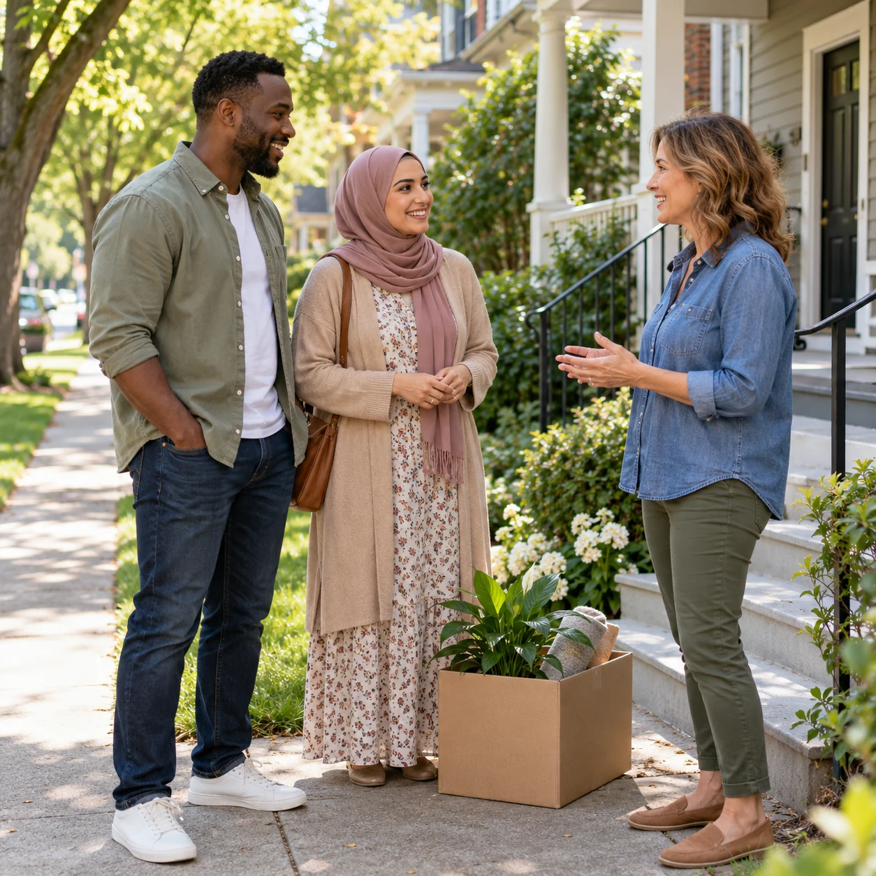 People from different backgrounds meeting outside a home.